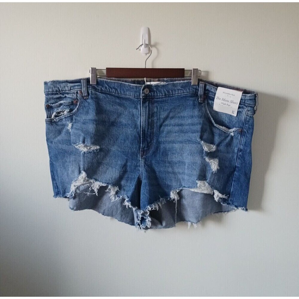 Abercrombie & Fitch The Mom Jean Denim Shorts Blue‎ High Rise Cutoff Size 24